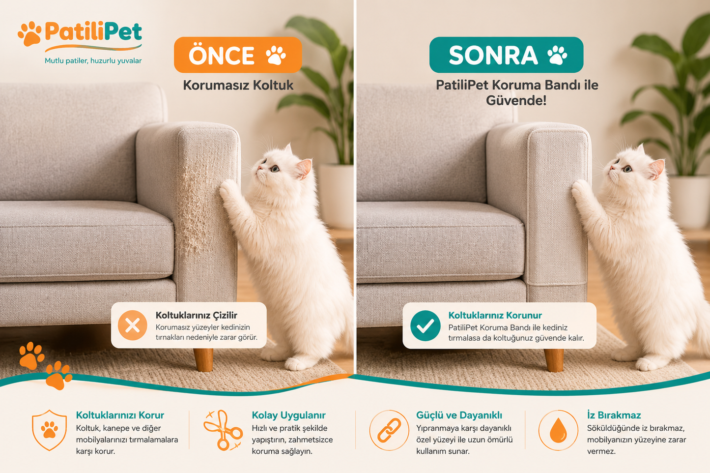 PatiliPet | Kedi Tırmalama Koruyucu Yapışkanlı Şeffaf Bant
