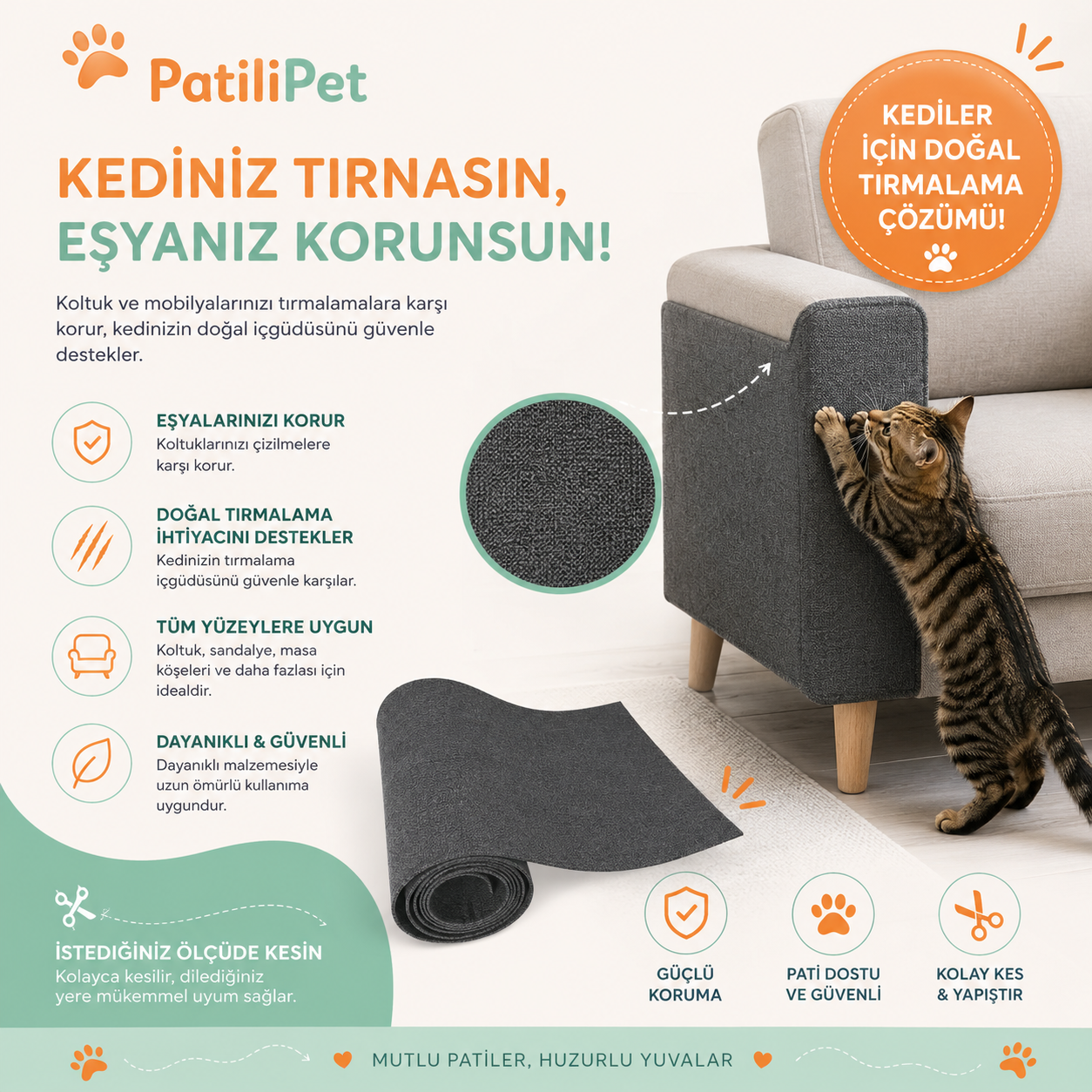 PatiliPet | Yapışkanlı ve Kesilebilir Tırmalama Koruyucu Mat