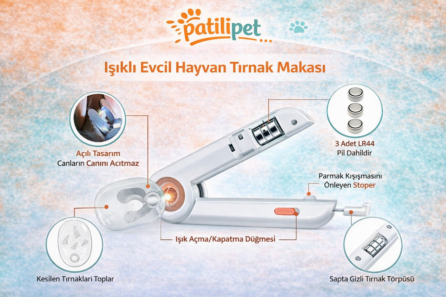 PatiliPet | LED Işıklı Pet Kedi/Köpek Tırnak Makası