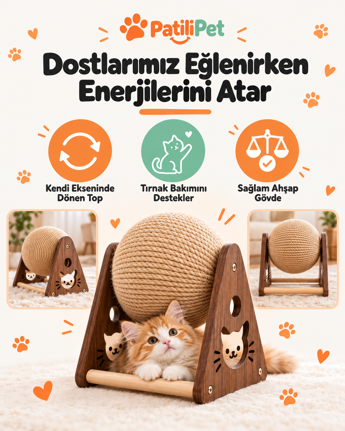 PatiliPet | Ahşap Kedi Tırmalama Topu